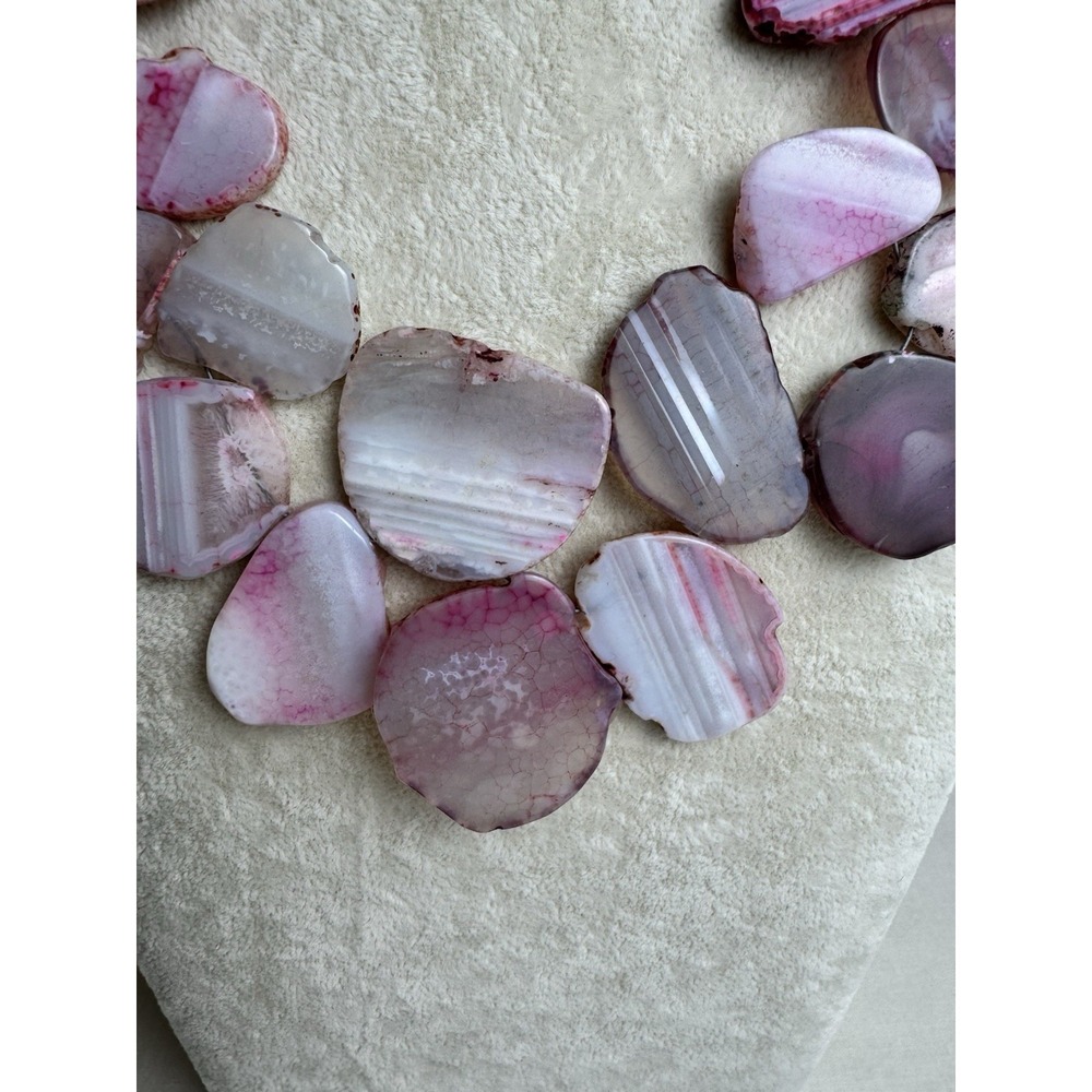 Pink Agate Slice Statement Bib Necklace Rose Quartz Beaded Boho Jewelry - Picture 6 of 12